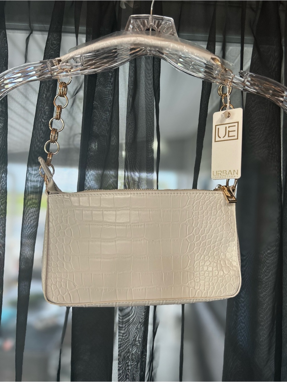 Urban Expressions white  Croc-Embossed Mini Shoulder Bag with Gold Chain Accent